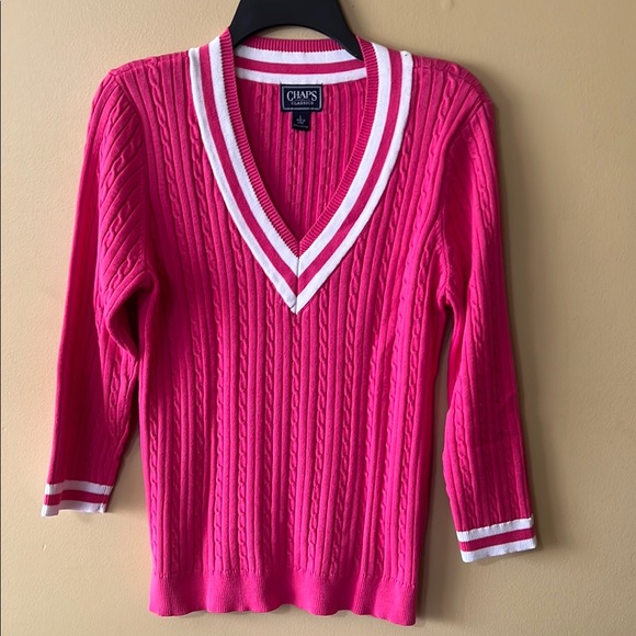 Chaps Tops - Chaps V-Neck Sweater Pink and White Cable Knit